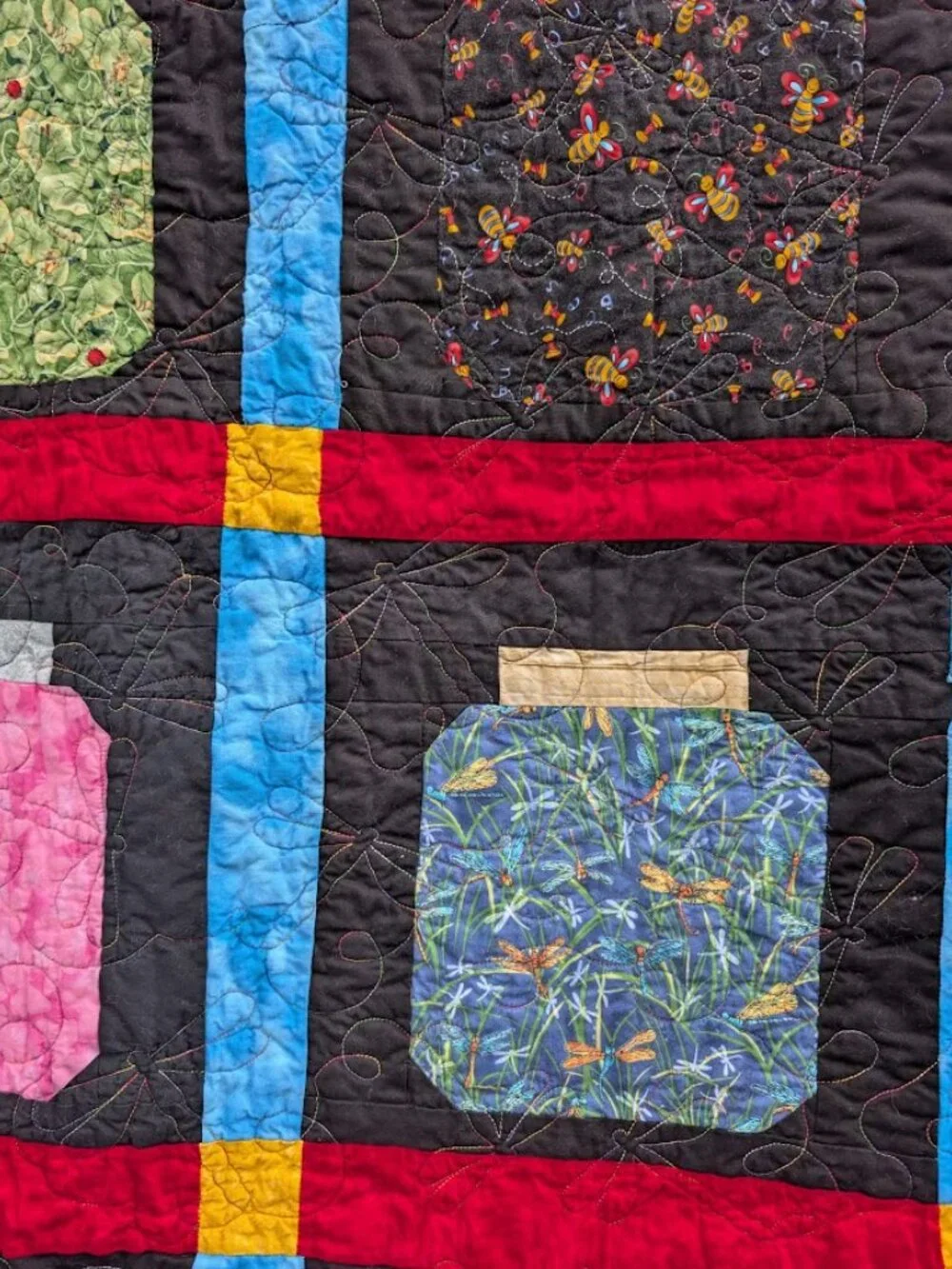 Bug Collection in Jars Quilt Black & Vibrant Colors 56 x 44